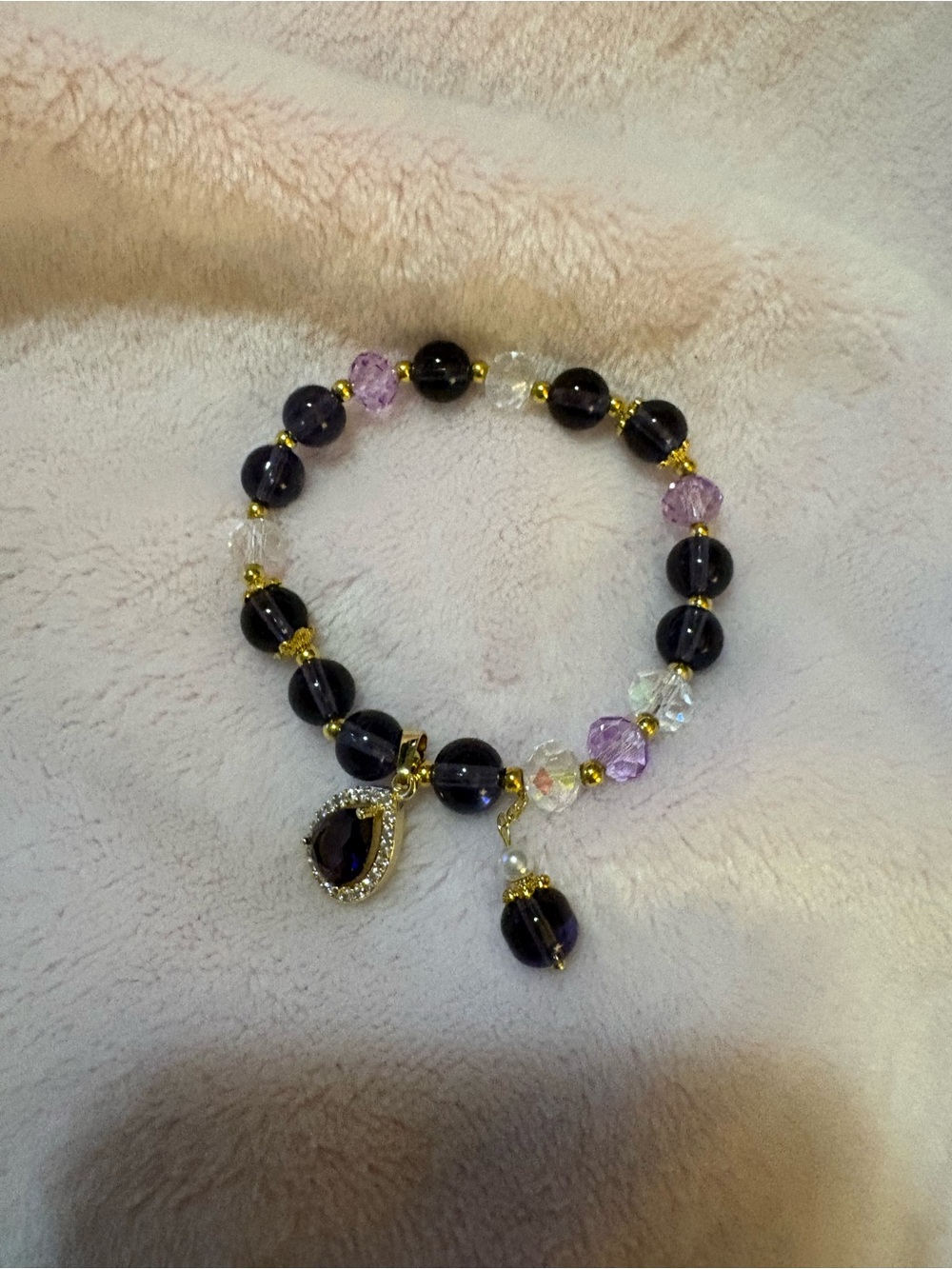 Gold-Accented Purple Beaded Charm Bracelet